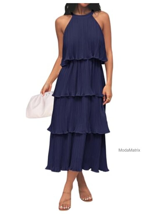 Dresses & Skirts - Chiffon Halter Ruffle Midi Dress Sleeveless Back Tie Tiered Formal Wedding Guest